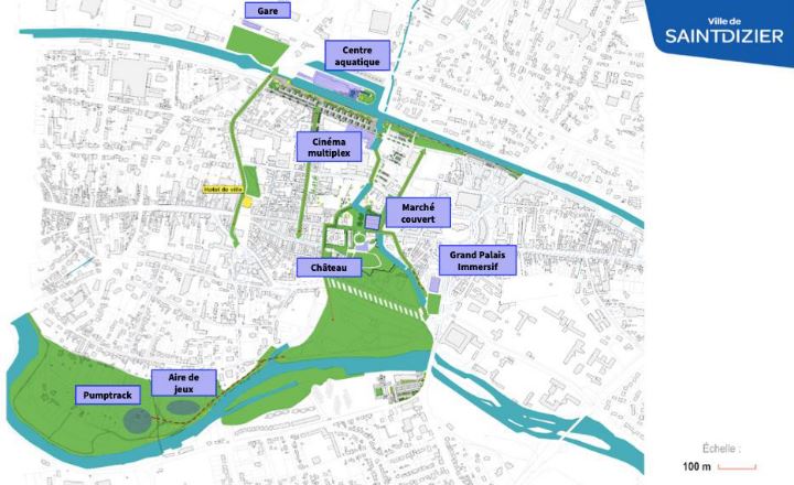 Plan géographiique d'une partie de Saint-Dizier où est reporté en vert la trame du parcours de design actif de la ville