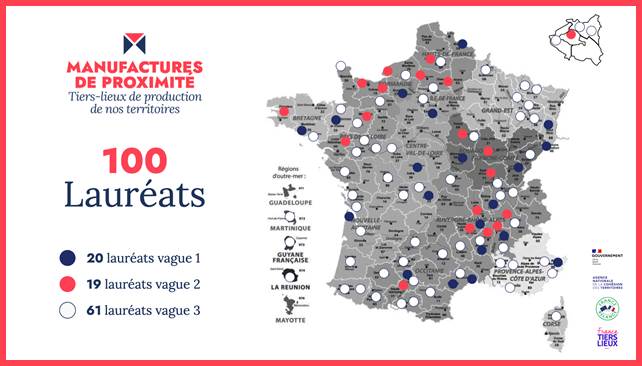 Carte de France en gros avec les points de localisation des 100 manufactures, en rouge, bleu et blanc.