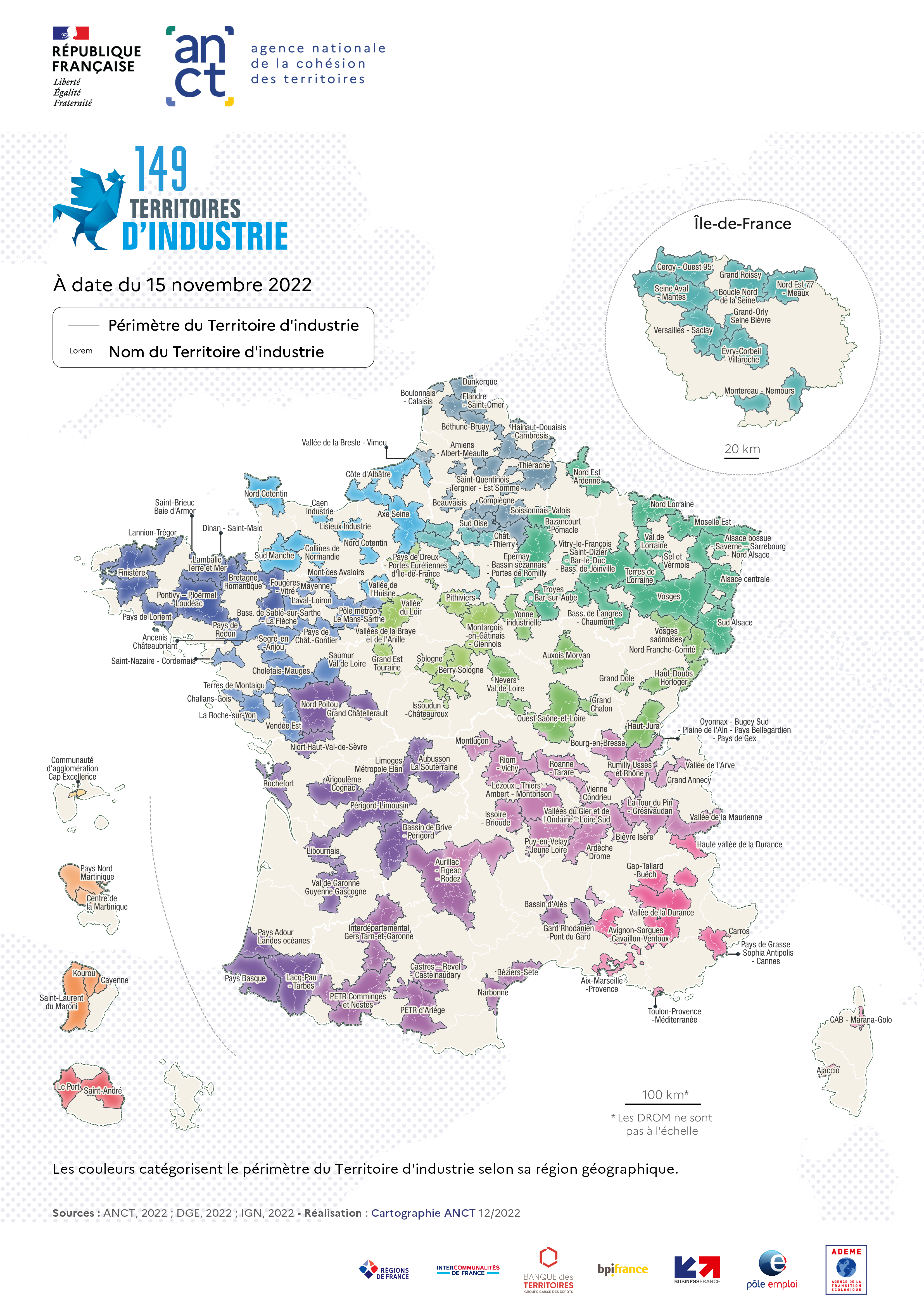 Carte de France par région des 149 Territoires d'industrie