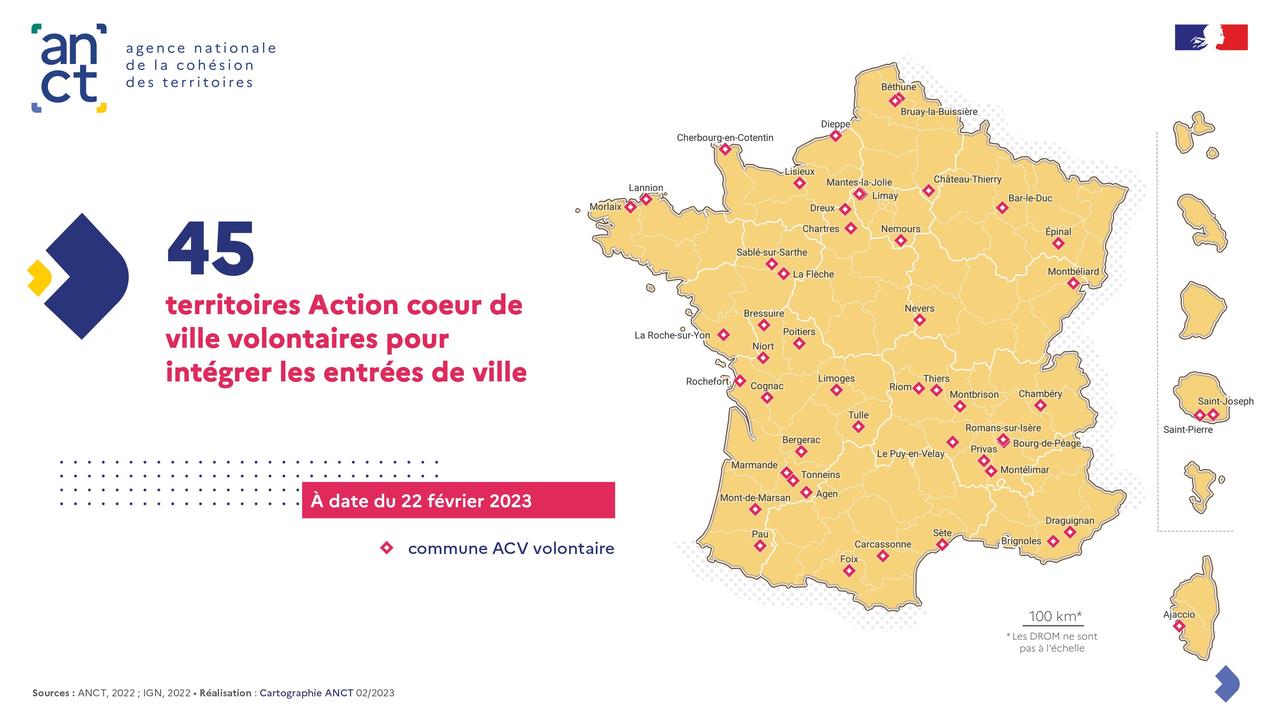 Carte de France orange avec les 45 points roses des collectivités concernées.