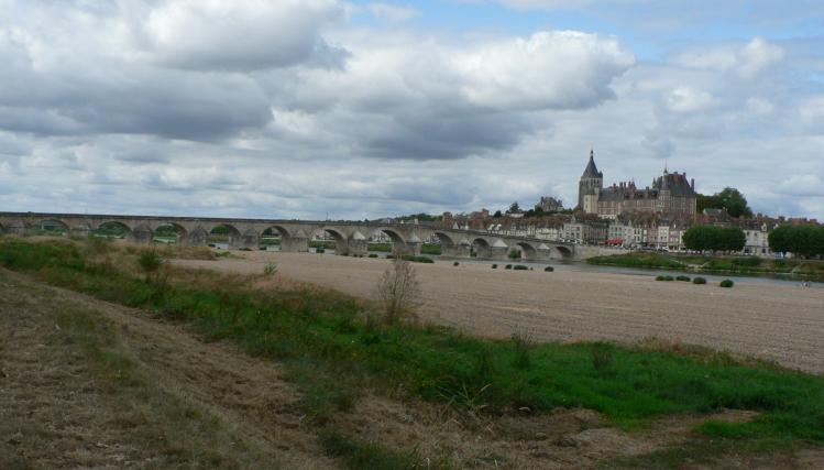 ville de La Charité-sur-Loire, avec le fleuve à bas niveau au 1er plan