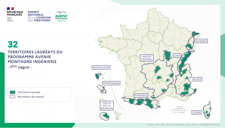 Carte de France avec, en vert foncé, les 32 territoires lauréats