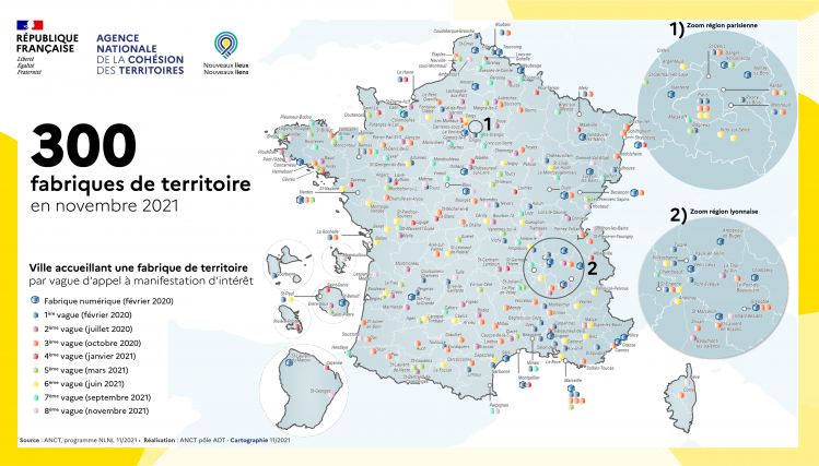 Carte de France montrant la localisation des 300 tiers lieux labellisés "Fabriques de territoire"