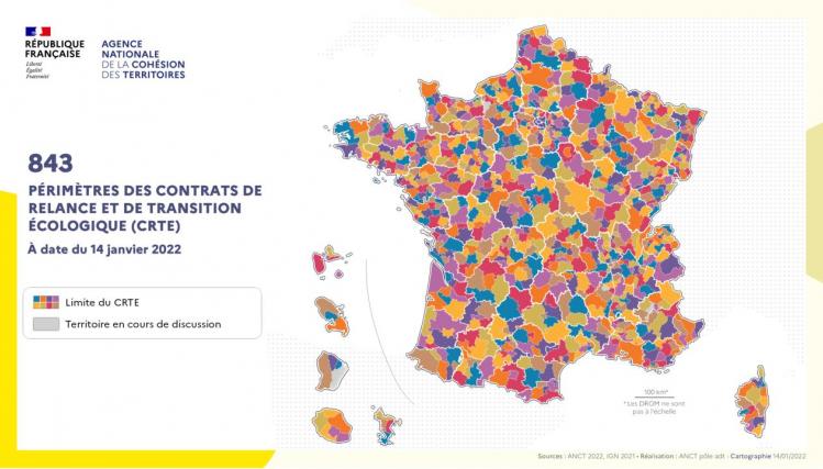 Carte de France en bleu, jaune et rose selon les territoires qui ont signé le CRTE