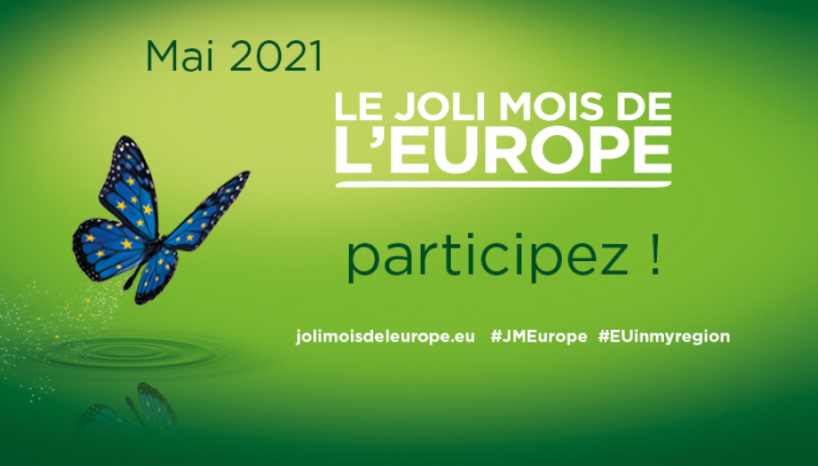 Visuel du papillon bleu avec les étoiles de l'Union européenne sur fond vert de l'événement "Le Joli mois de l'Europe".