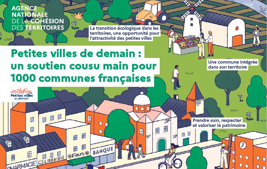 Extrait infographie Petites Villes de demain, qui représente le centre d'une commune, avec les équipements scolaires et les commerces, entourée de champs