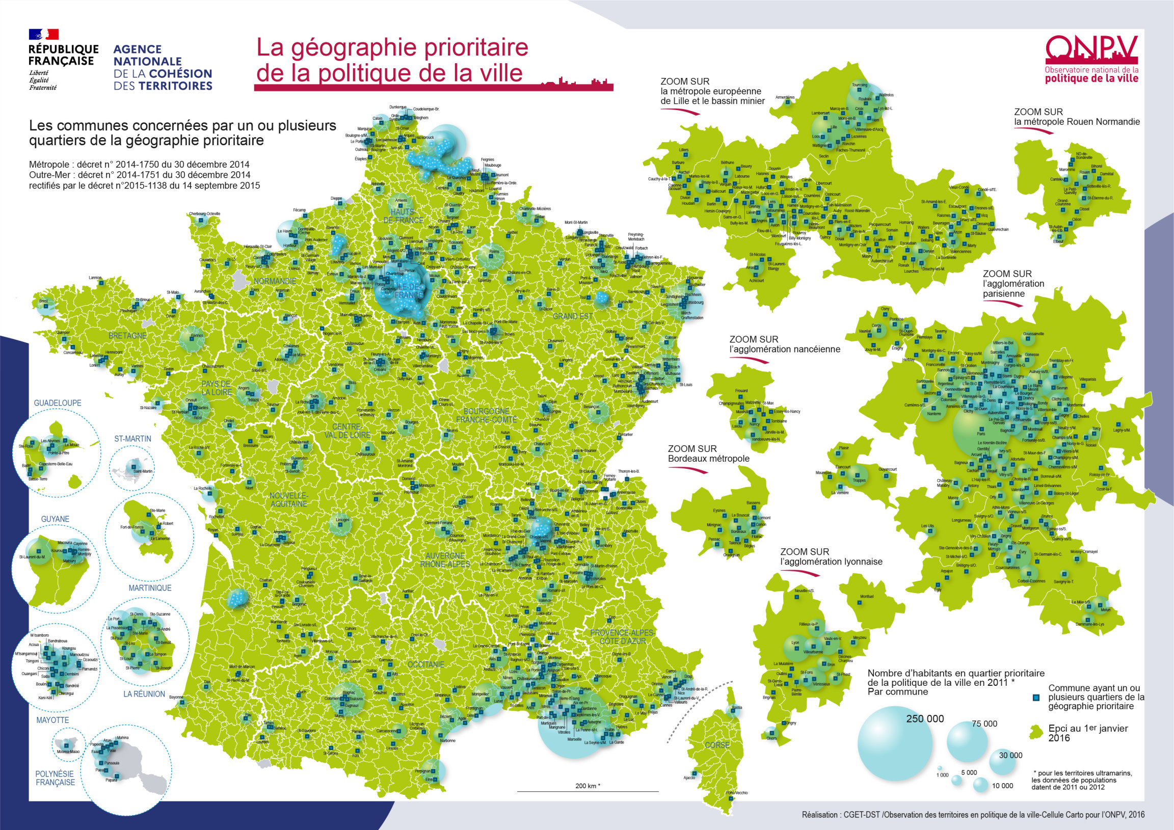 Carte des 1 514 quartiers prioritaires dans l'Hexagone et outre-mer