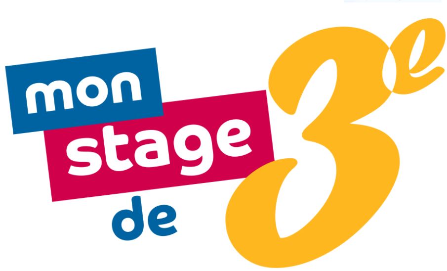 Logo de la plateforme " mon stage de 3e", en jaune, bleu et rose.