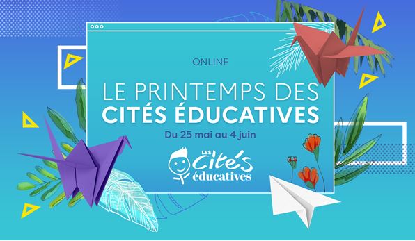 Visuel de l'événement Le Printemps des cités éducatives : sur fond bleu, le logo des Cités éducatives et des petites cocottes en papier. 