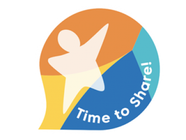 Logo événement "Il est temps de partager" avec un petit personnage stylisé sur une bulle orange et bleue