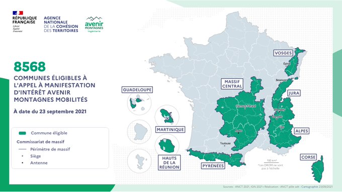 Carte de France avec, en vert, les régions de massifs de montagne éligibles, en métropole et outre-mer. 