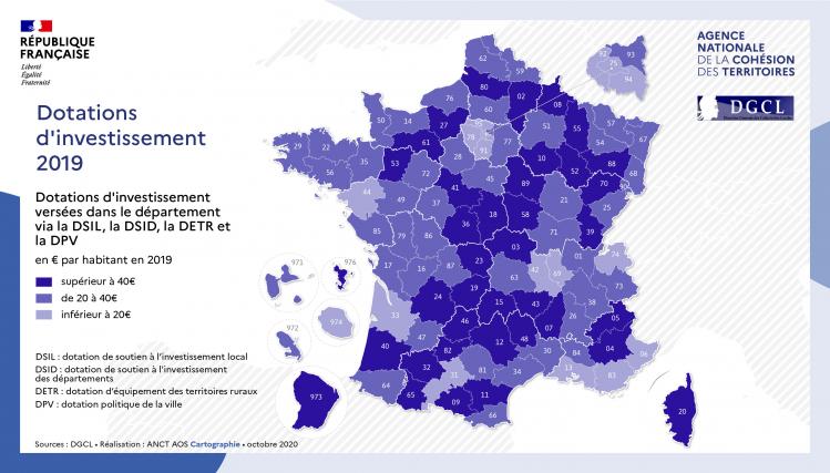 Carte de France des dotations d'investissement en 2019