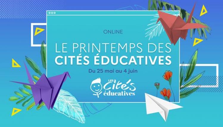 Visuel de l'événement Le Printemps des cités éducatives : sur fond bleu, le logo des Cités éducatives et des petites cocottes en papier. 