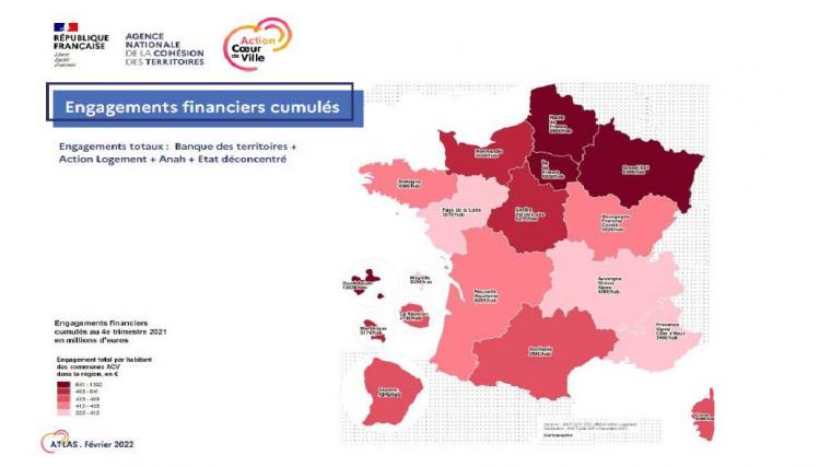 Carte de France des régions en rose et lie de vin pour montrer le niveau des engagements fincanciers dans chacune