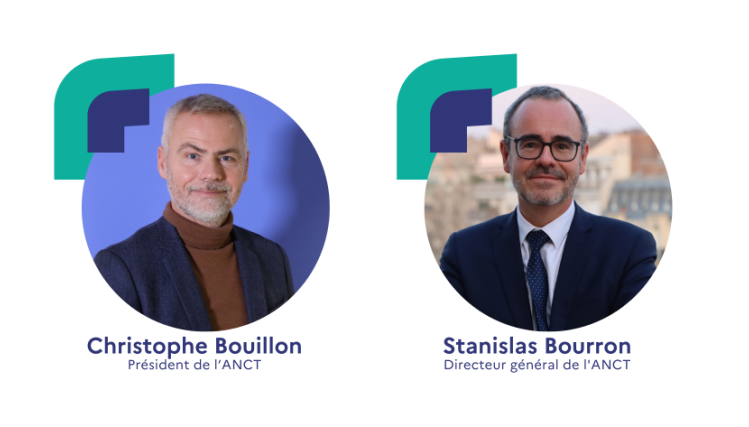 Photo portraits de Christophe Bouillon, président de l’ANCT, et Stanislas Bourron, directeur général, de face. Les photos sont placées dans 2 ronds différents, avec leurs fonctions en-dessous.