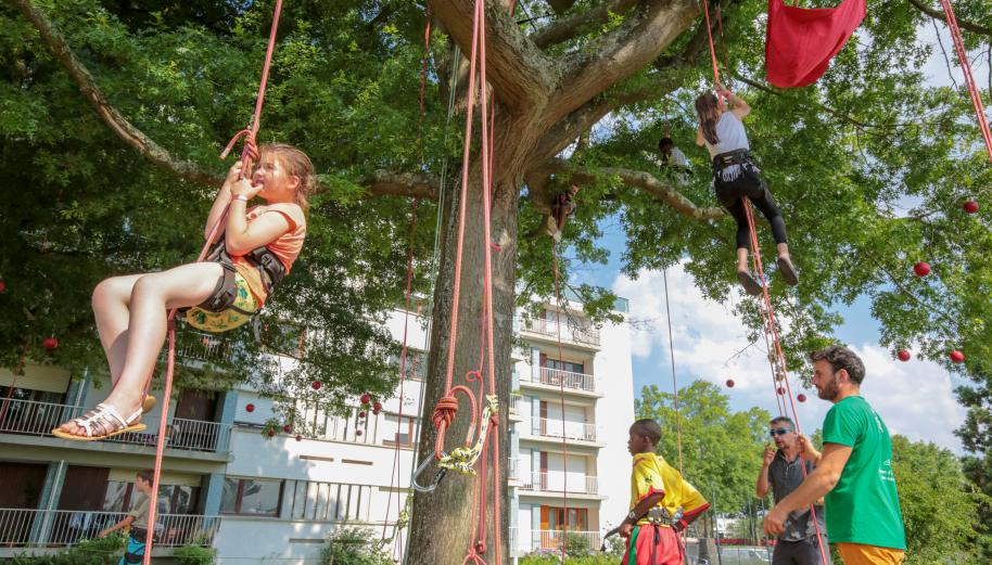 Accompagnés d'un animateur, des enfants sont accrochés à des filins dans un arbre, avec en fond l'immeuble de leur quartier.