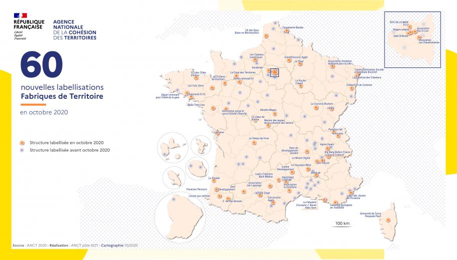 Carte de France positionnant les 60 nouveaux tiers-lieux
