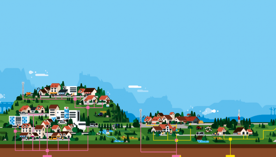 Illustration d'un paysage de montagne, ville et plaine avec des fils pour signifier les réseaux de téléphonie mobile