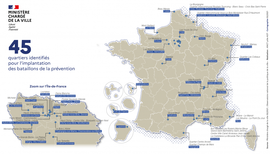 Carte de France montrant les villes où seront déployés les 45 bataillons de prévention