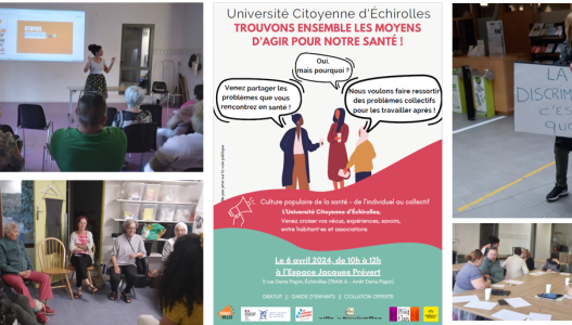 Photos de réunions publiques et affiche pour l'Université citoyenne d'Echirolles 