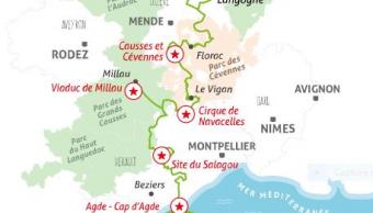 Extrait carte du parcours de la Grande Traversée du massif central, du cantal à l'Hérault, avec la mer en bas. 